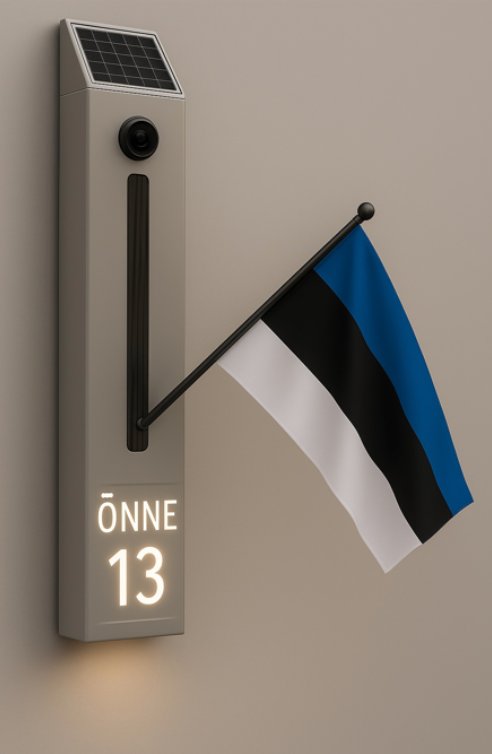 AutoFlag seinale paigaldatud automaatne lipuheiskaja Eesti lipuga, päikesepaneeli ja valgustatud tänavanumbriga